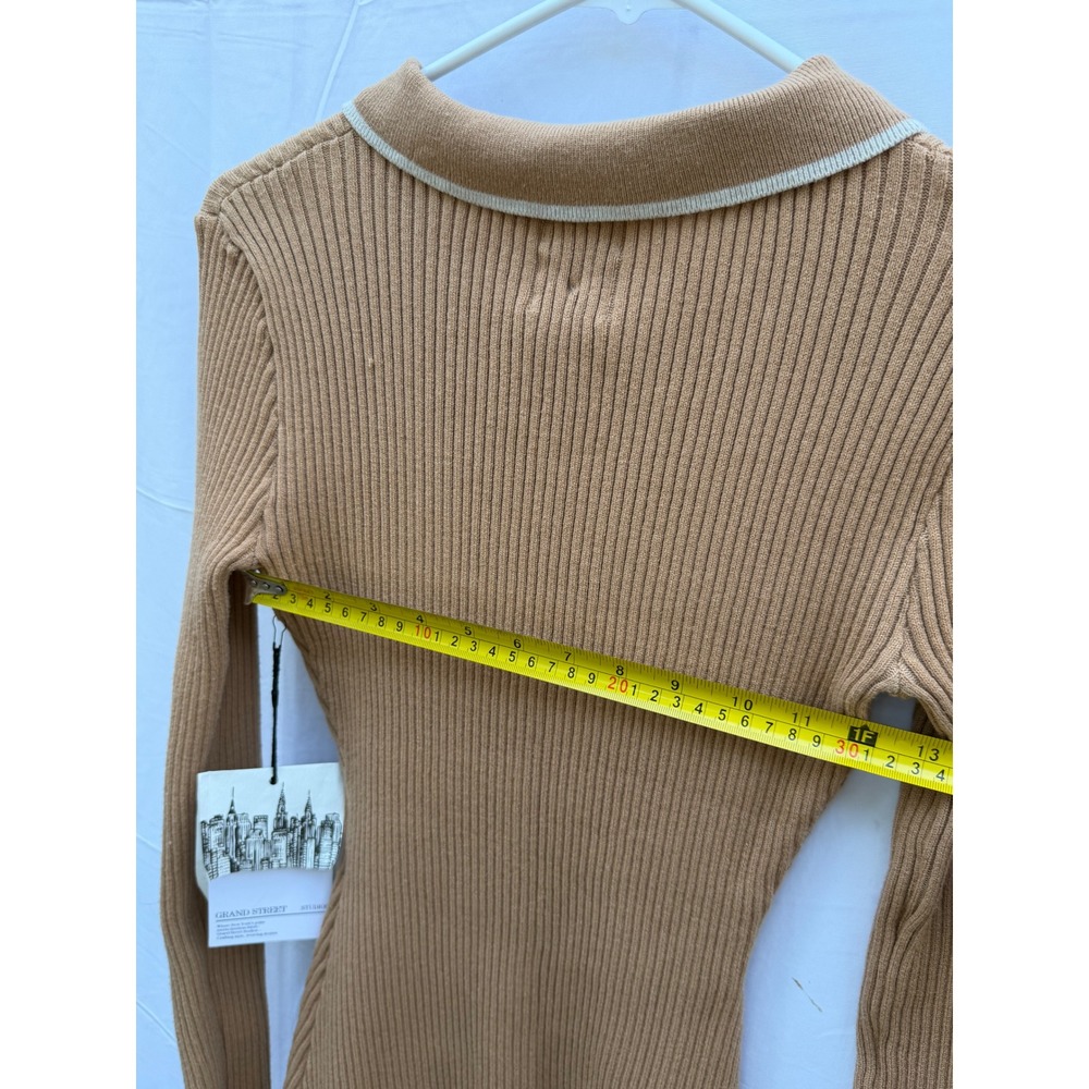 Grand Street Studios Camel Ribbed Knit Rhinestone Button Polo Mini Dress M NEW - Picture 7 of 12